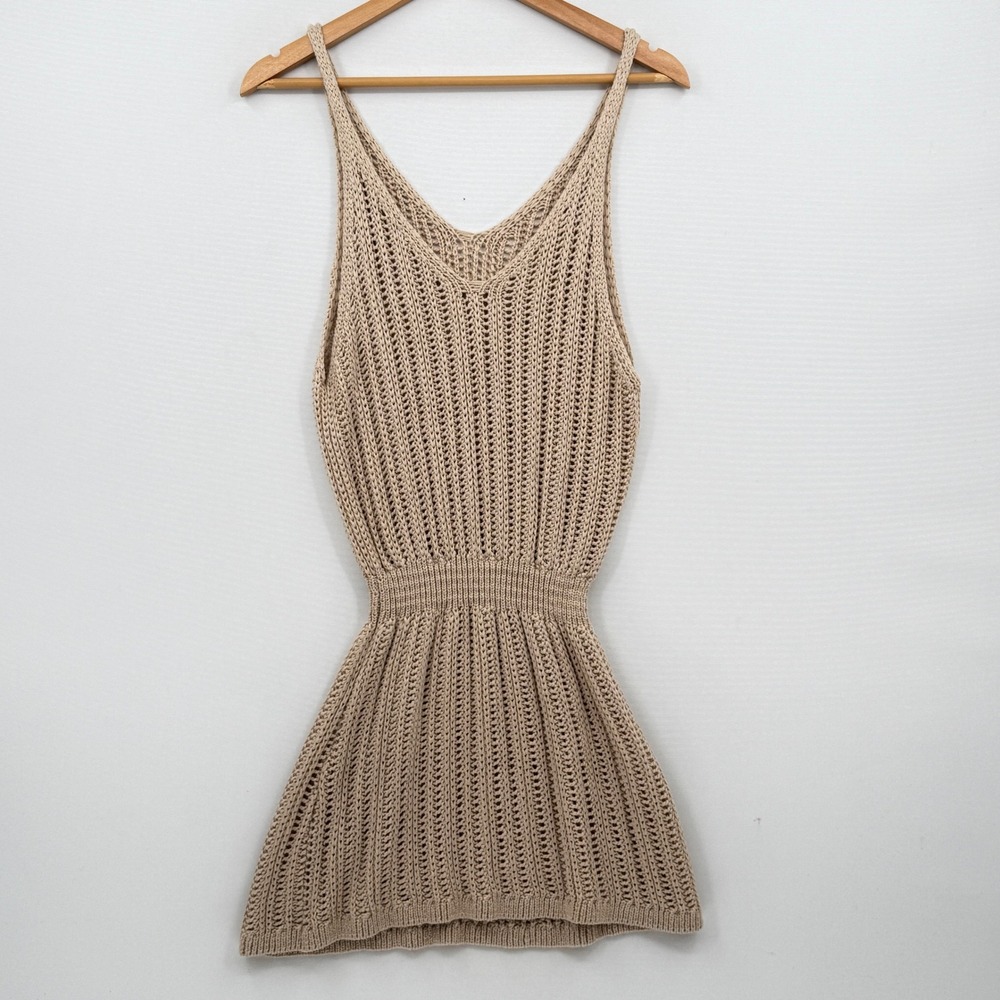 Unbranded Crochet Mini Dress Women XS Tan Beige Open Knit V-Neck Sleeveless Boho